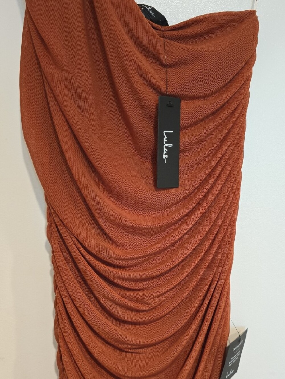 Lulu's Rust One-Shoulder Ruched Midi Dress - Picture 3 of 5